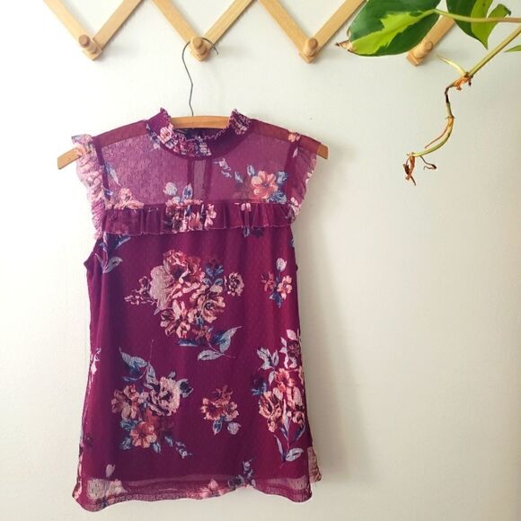 FINAL SALE Tulle Floral Illusion Top Purple M - Picture 1 of 8